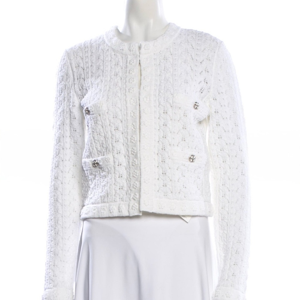2024 CHANEL White Textured Knit Crew Neck Sweater Cardigan US M, IT38